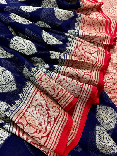 Blue with Red Pallu pure khaddi georgette banarasi silk saree with zari floral jaal with red pallu — Kaash Collection