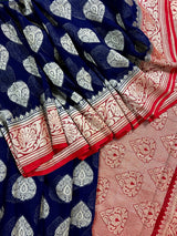 Blue with Red Pallu pure khaddi georgette banarasi silk saree with zari floral jaal with red pallu — Kaash Collection