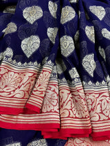 Blue with Red Pallu pure khaddi georgette banarasi silk saree with zari floral jaal with red pallu — Kaash Collection