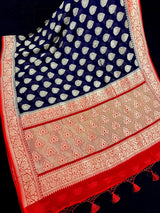 Blue with Red Pallu pure khaddi georgette banarasi silk saree with zari floral jaal with red pallu — Kaash Collection
