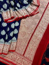Blue with Red Pallu pure khaddi georgette banarasi silk saree with zari floral jaal with red pallu — Kaash Collection