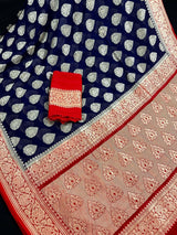 Blue with Red Pallu pure khaddi georgette banarasi silk saree with zari floral jaal with red pallu — Kaash Collection