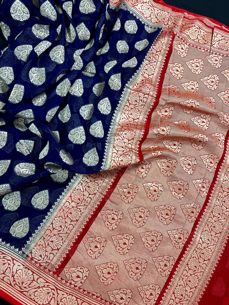 Blue Color Pure Khaddi Georgette Banarasi Silk Saree with Red Pallu and Border | SILK MARK CERTIFIED - Kaash