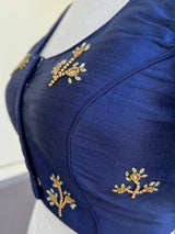 Designer Navy Blue Raw Silk ready-to-wear blouse with handwork with beads — Kaash Collection