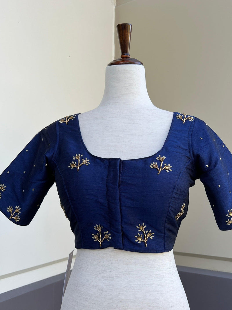 Designer Navy Blue Raw Silk ready-to-wear blouse with handwork with beads — Kaash Collection