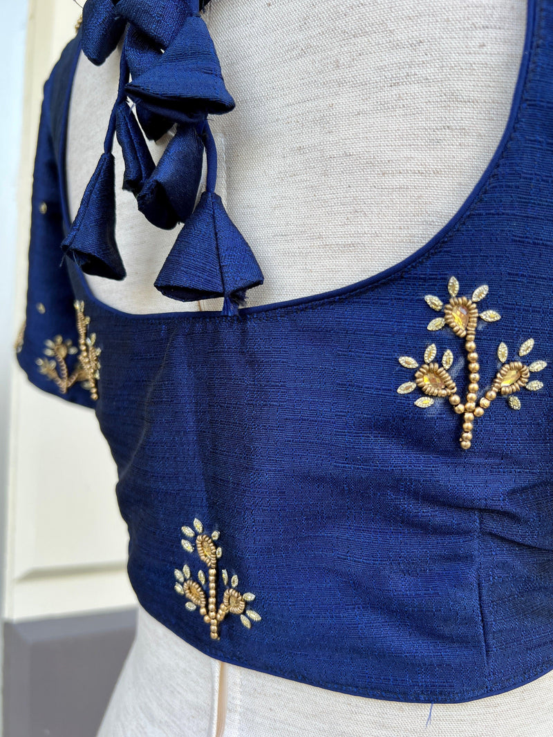 Blue Color Raw Silk Ready to Wear Blouse | Handwork Blouse | Padded Blouse | Readymade Saree Blouse | Stitched Blouses for Saree - Kaash