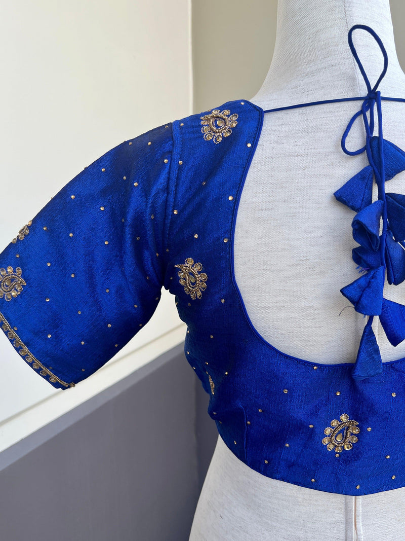 Blue Color Raw Silk Ready to Wear Blouse | Size 36 | Handwork Blouses | Padded Blouse | Readymade Blouses for Sarees | Blue Color Blouse - Kaash
