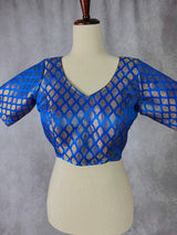 Blue Pure Banarasi (Size 40) ready-to-wear blouse with gold buttis with princess cut — Kaash Collection