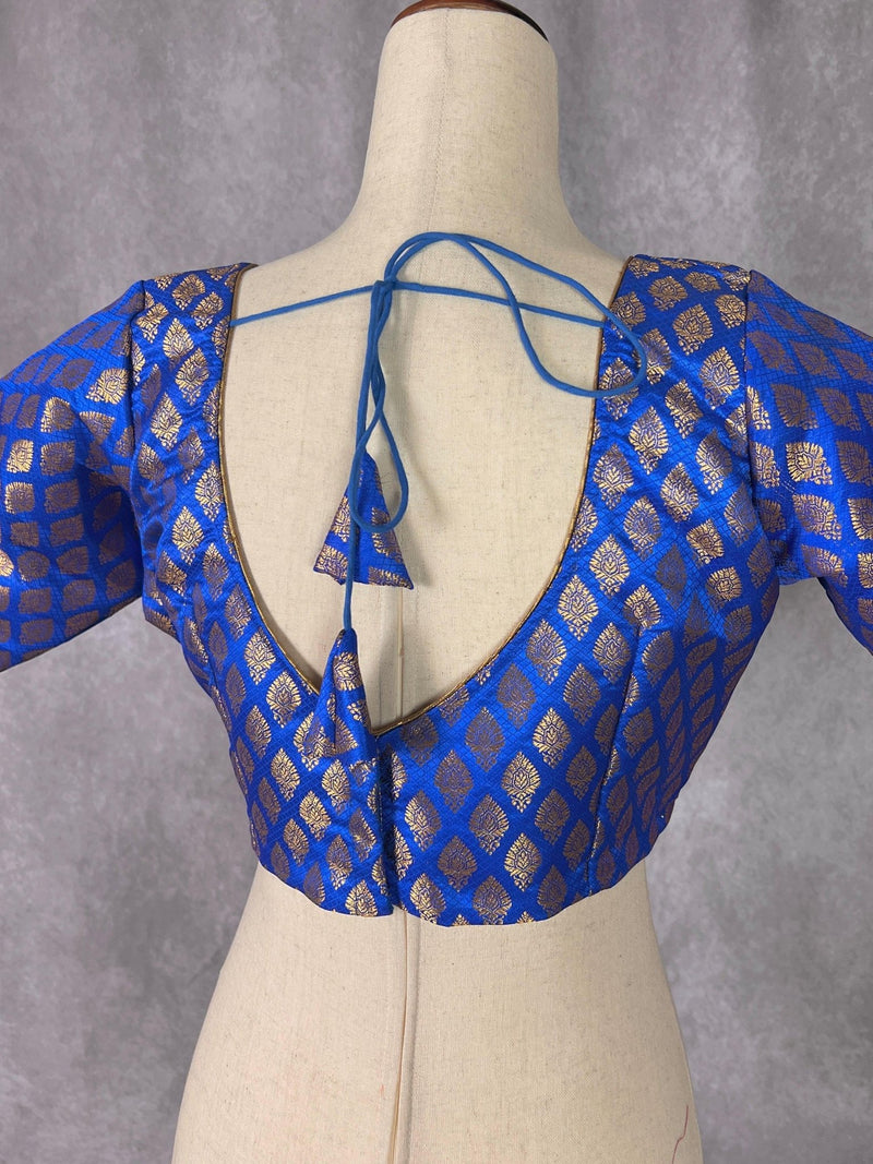 Blue Pure Banarasi (Size 40) ready-to-wear blouse with gold buttis with princess cut — Kaash Collection