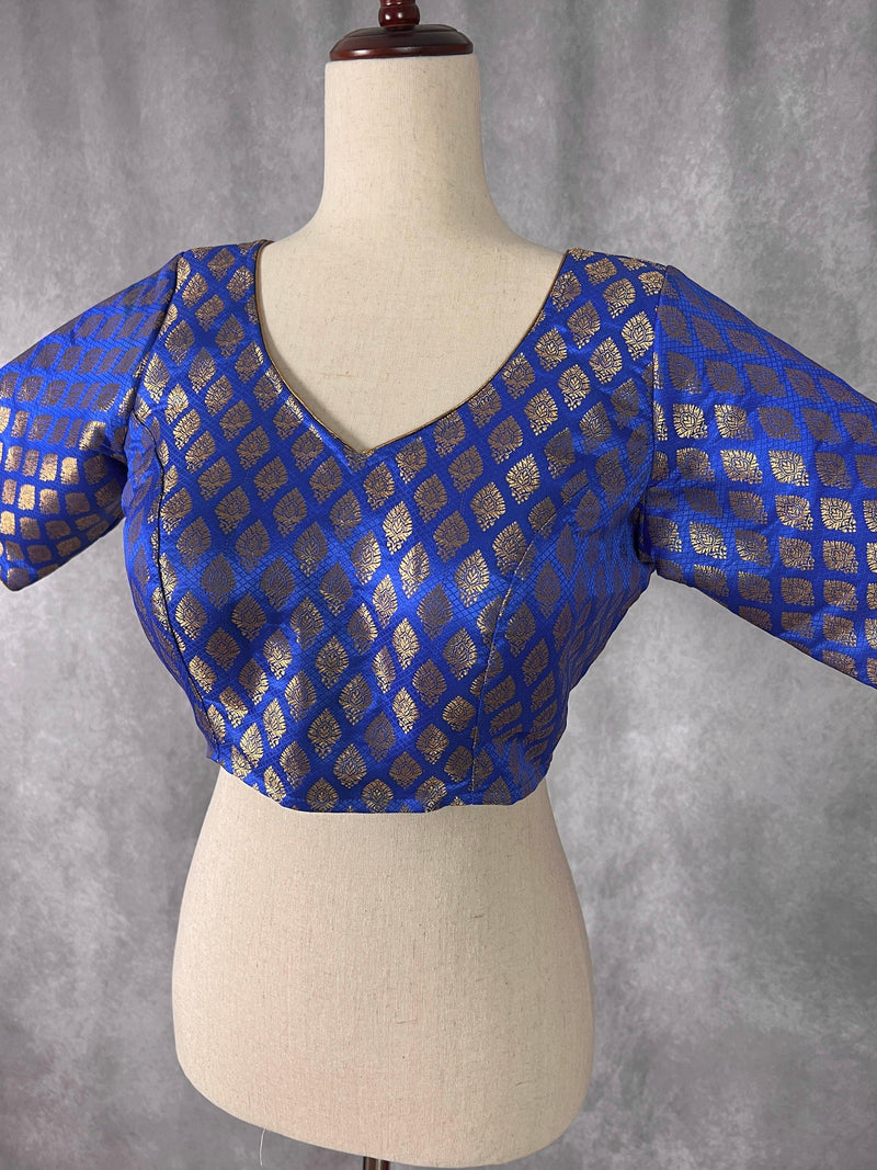 Blue Color Readymade Blouse with small Gold Buttis in Pure Banarasi | Readymade Blouses | Stitched Blouse | Kaash Collection - Kaash