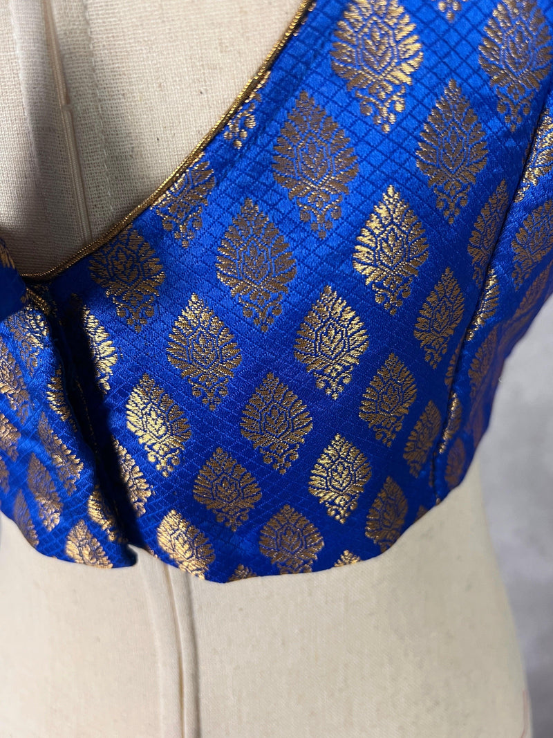 Blue Color Readymade Blouse with small Gold Buttis in Pure Banarasi | Readymade Blouses | Stitched Blouse | Kaash Collection - Kaash