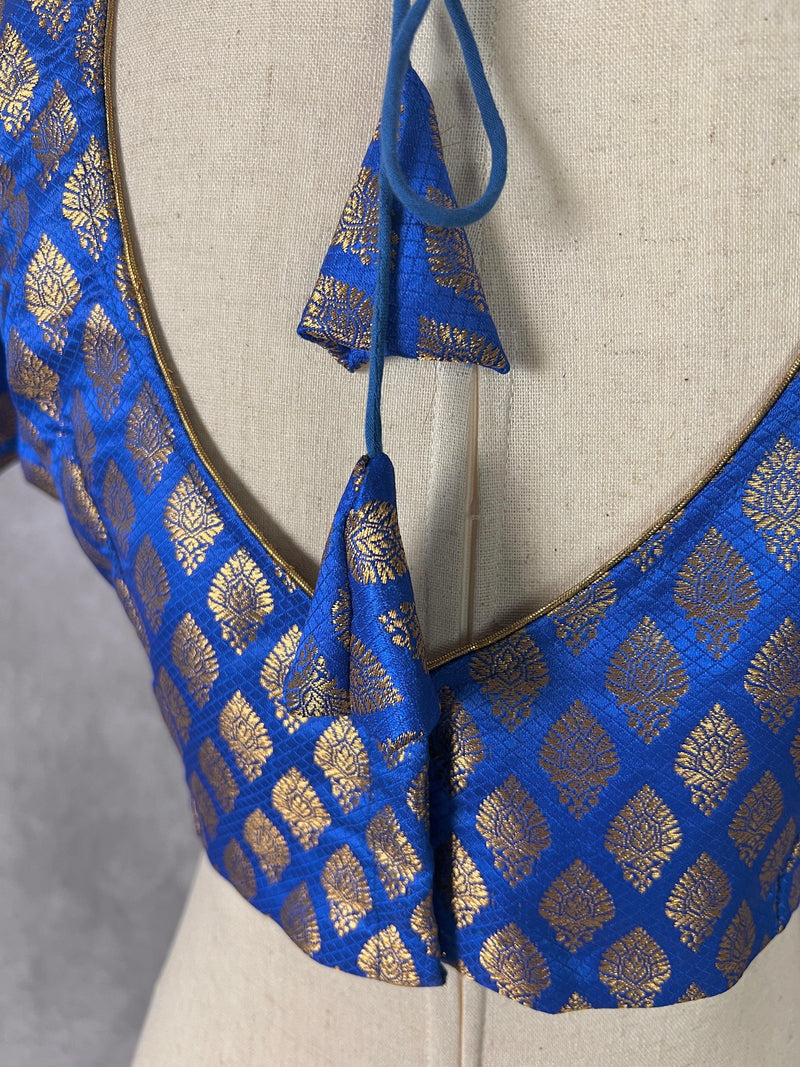 Blue Color Readymade Blouse with small Gold Buttis in Pure Banarasi | Readymade Blouses | Stitched Blouse | Kaash Collection - Kaash