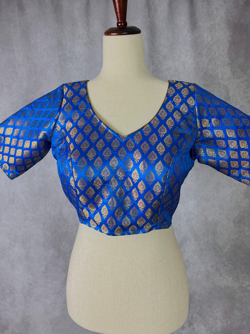 Blue Color Readymade Blouse with small Gold Buttis in Pure Banarasi | Readymade Blouses | Stitched Blouse | Kaash Collection - Kaash