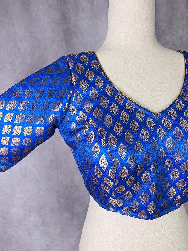 Blue Color Readymade Blouse with small Gold Buttis in Pure Banarasi | Readymade Blouses | Stitched Blouse | Kaash Collection - Kaash