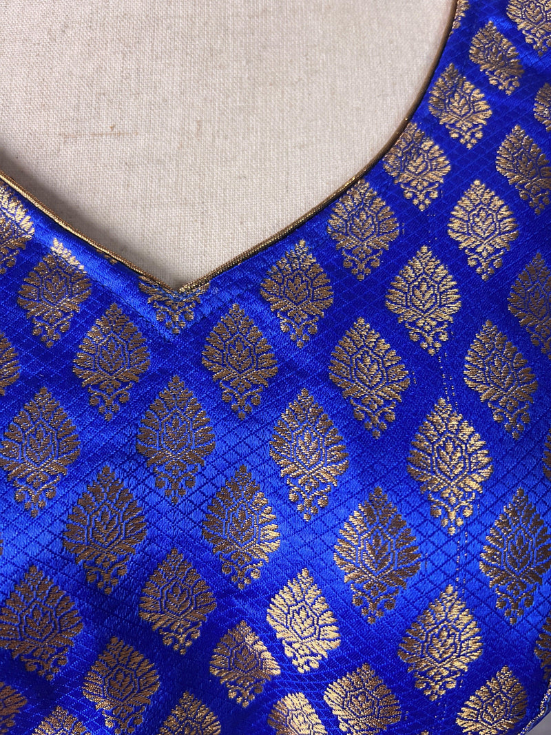 Blue Color Readymade Blouse with small Gold Buttis in Pure Banarasi | Readymade Blouses | Stitched Blouse | Kaash Collection - Kaash