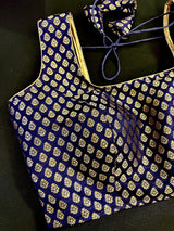 Blue Pure Banarasi Sleeveless ready-to-wear blouse with gold buttis sleeveless — Kaash Collection