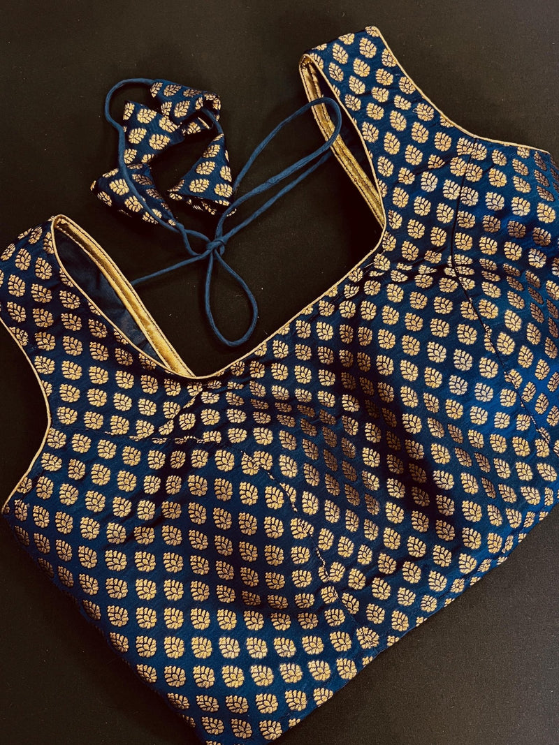 Blue Pure Banarasi Sleeveless ready-to-wear blouse with gold buttis sleeveless — Kaash Collection