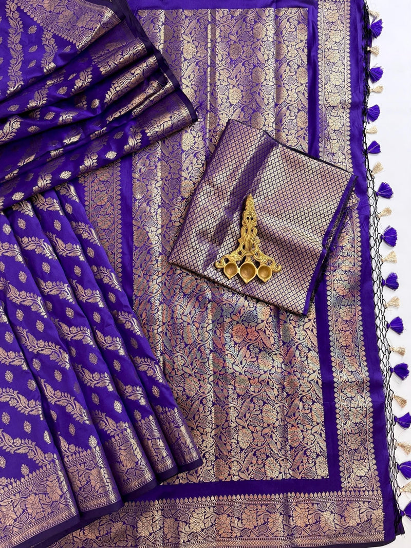 Blue Banarasi saree in banarasi silk with muted gold zari weave — Kaash Collection