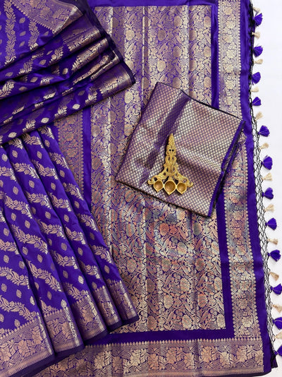 Blue Color Semi Banarasi Silk Saree with Muted Gold Zari Weave - Kaash