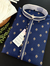 Blue men's kurta pajama in soft raw silk with self-design with antique zari buttis — Kaash Collection