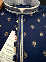 Blue men's kurta pajama in soft raw silk with self-design with antique zari buttis — Kaash Collection