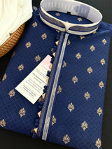 Blue men's kurta pajama in soft raw silk with self-design with antique zari buttis — Kaash Collection