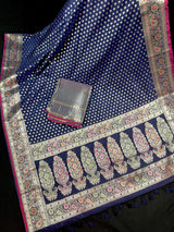 Blue Color Traditional Banarasi Handloom Saree in Soft Satin Silk with Meenakari and Sliver Zari Weave - Kaash
