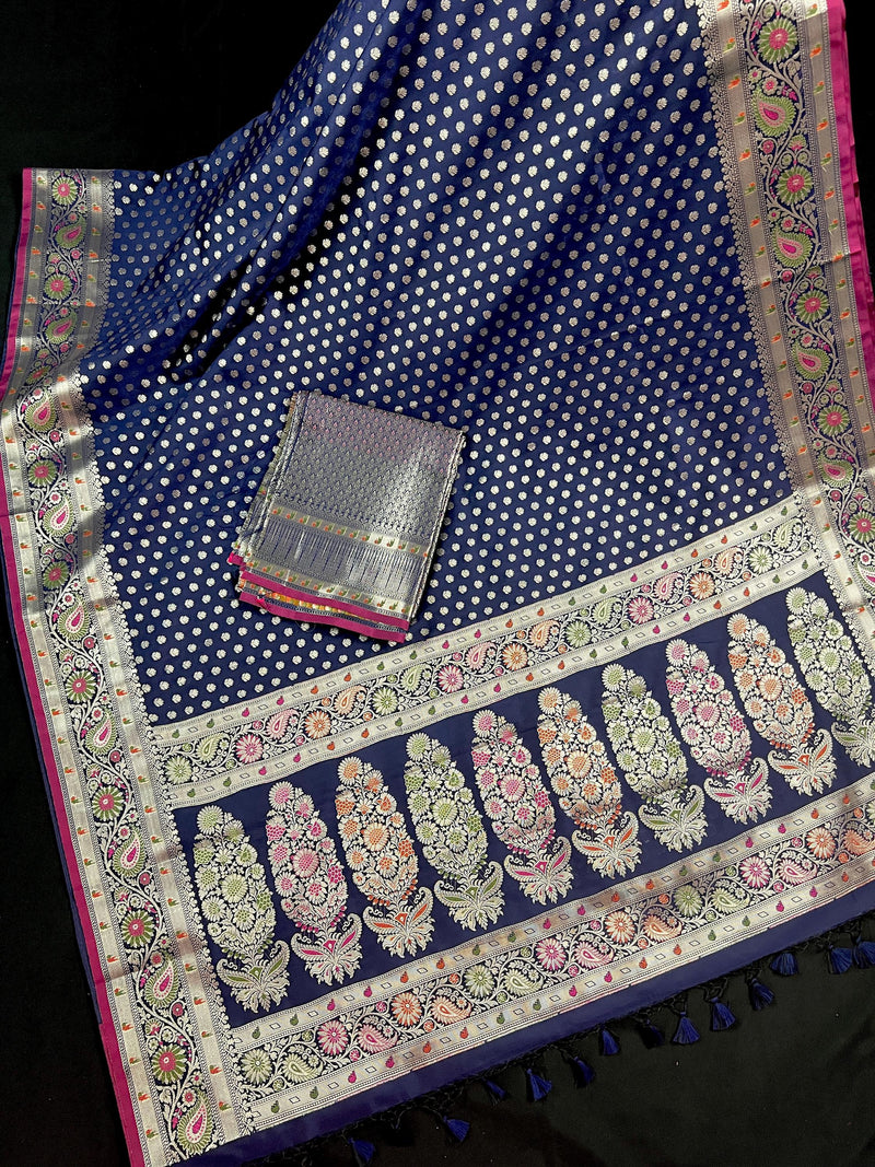 Blue Color Traditional Banarasi Handloom Saree in Soft Satin Silk with Meenakari and Sliver Zari Weave - Kaash