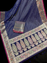 Blue Color Traditional Banarasi Handloom Saree in Soft Satin Silk with Meenakari and Sliver Zari Weave - Kaash