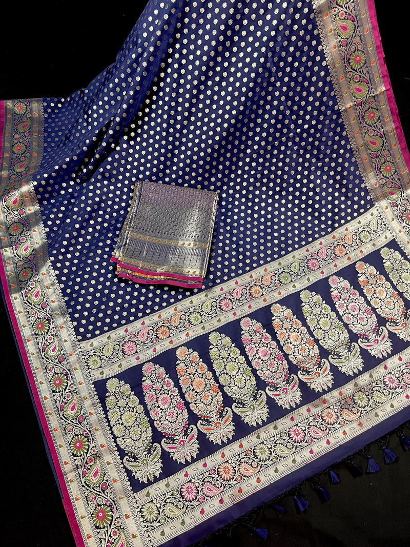 Blue Color Traditional Banarasi Handloom Saree in Soft Satin Silk with Meenakari and Sliver Zari Weave - Kaash