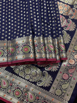 Blue Color Traditional Banarasi Handloom Saree in Soft Satin Silk with Meenakari and Sliver Zari Weave - Kaash