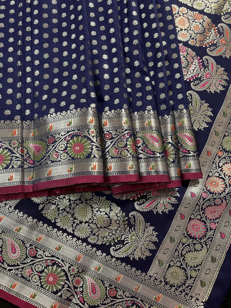 Blue Color Traditional Banarasi Handloom Saree in Soft Satin Silk with Meenakari and Sliver Zari Weave - Kaash