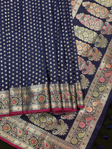 Blue Color Traditional Banarasi Handloom Saree in Soft Satin Silk with Meenakari and Sliver Zari Weave - Kaash