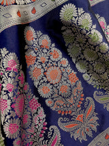 Blue Color Traditional Banarasi Handloom Saree in Soft Satin Silk with Meenakari and Sliver Zari Weave - Kaash