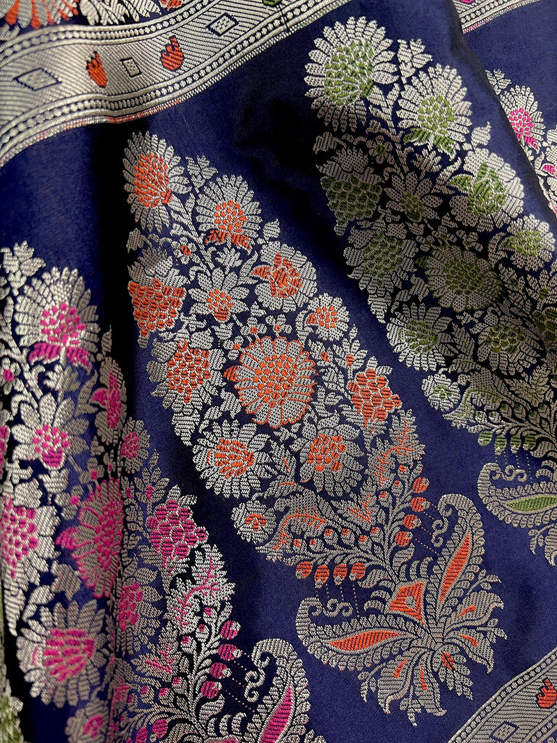 Blue Color Traditional Banarasi Handloom Saree in Soft Satin Silk with Meenakari and Sliver Zari Weave - Kaash