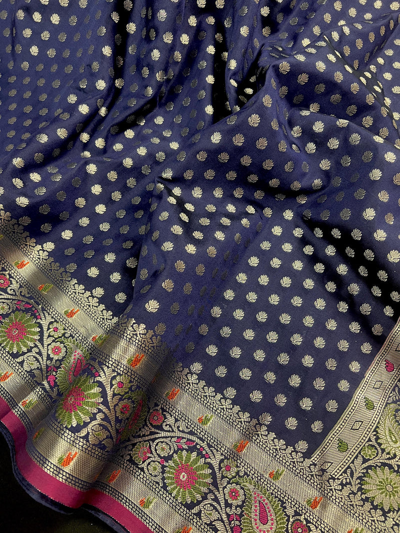 Blue Color Traditional Banarasi Handloom Saree in Soft Satin Silk with Meenakari and Sliver Zari Weave - Kaash