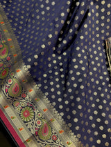 Blue Color Traditional Banarasi Handloom Saree in Soft Satin Silk with Meenakari and Sliver Zari Weave - Kaash