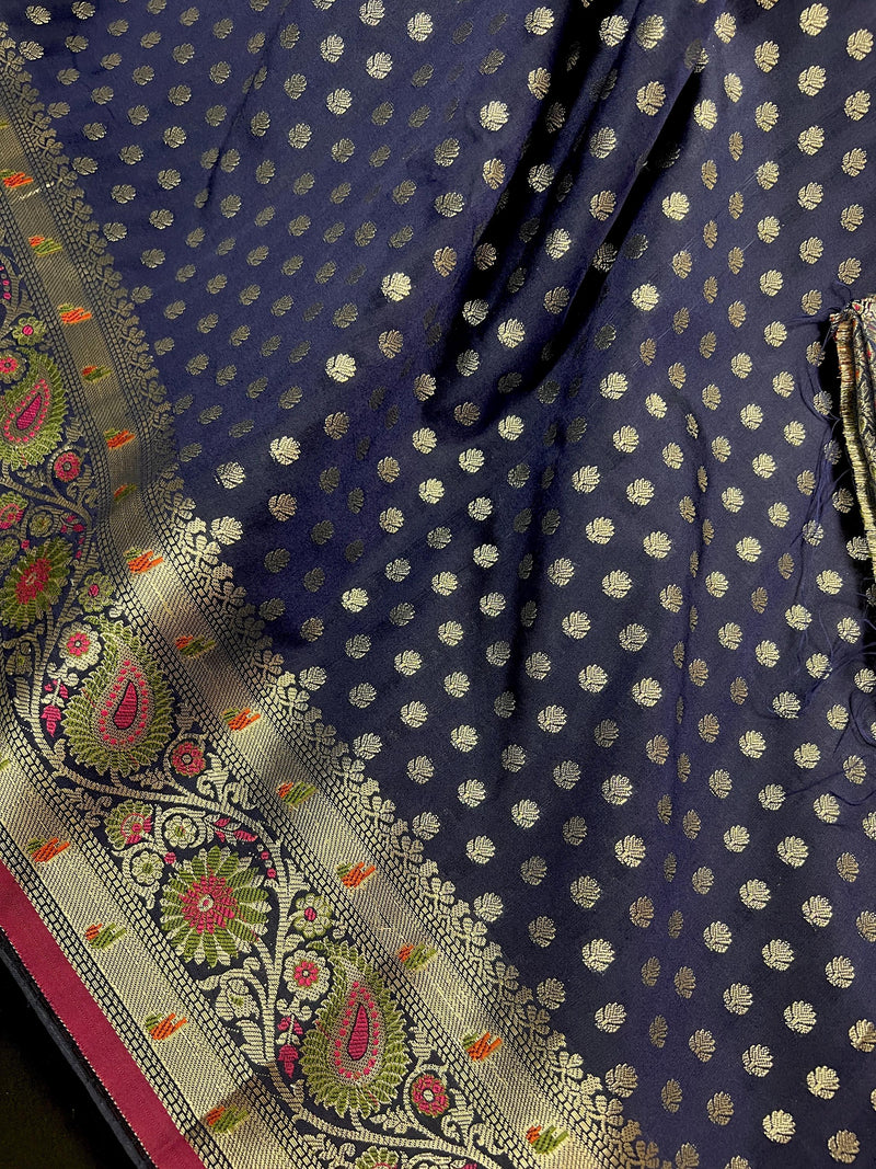 Blue Color Traditional Banarasi Handloom Saree in Soft Satin Silk with Meenakari and Sliver Zari Weave - Kaash