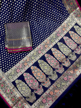 Blue Color Traditional Banarasi Handloom Saree in Soft Satin Silk with Meenakari and Sliver Zari Weave - Kaash