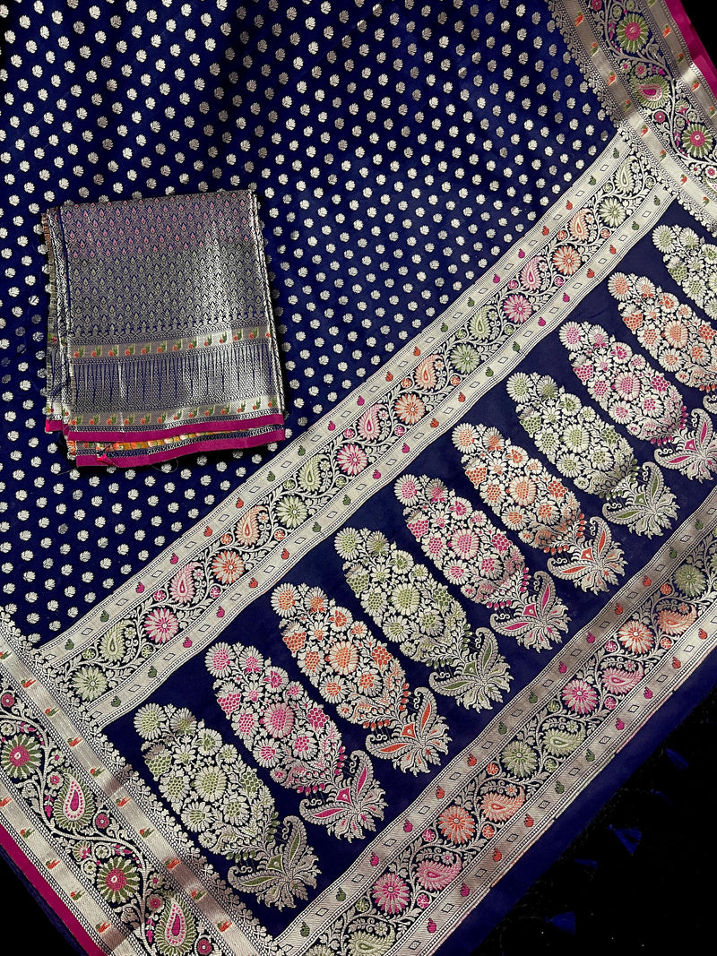 Blue Color Traditional Banarasi Handloom Saree in Soft Satin Silk with Meenakari and Sliver Zari Weave - Kaash
