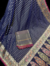 Blue Color Traditional Banarasi Handloom Saree in Soft Satin Silk with Meenakari and Sliver Zari Weave - Kaash