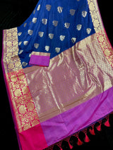 Blue with Lotus Borders Banarasi saree in pure banarasi semi katan silk with double lotus border with 7" foot-side width — Kaash Collection