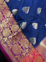 Blue with Lotus Borders Banarasi saree in pure banarasi semi katan silk with double lotus border with 7" foot-side width — Kaash Collection