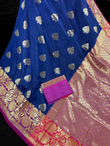 Blue with Lotus Borders Banarasi saree in pure banarasi semi katan silk with double lotus border with 7" foot-side width — Kaash Collection