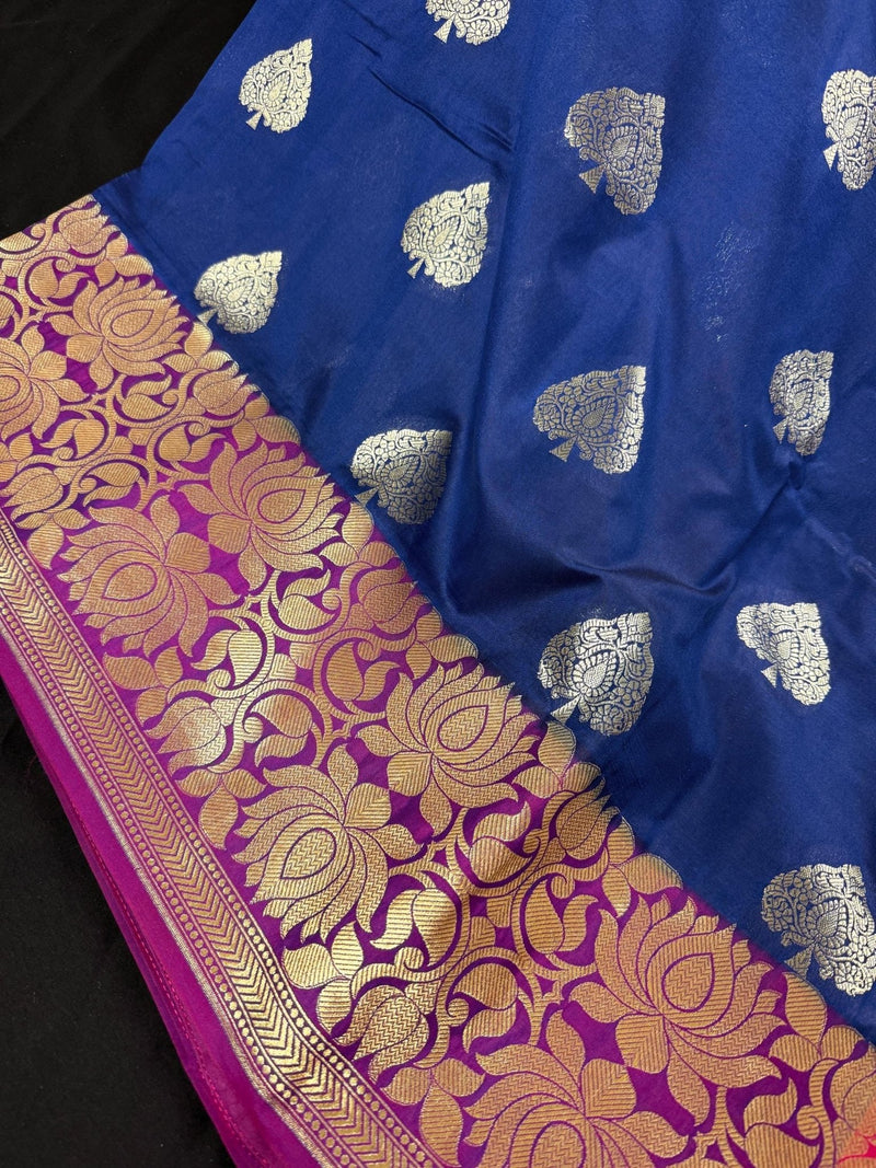 Blue with Lotus Borders Banarasi saree in pure banarasi semi katan silk with double lotus border with 7" foot-side width — Kaash Collection
