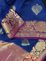 Blue with Lotus Borders Banarasi saree in pure banarasi semi katan silk with double lotus border with 7" foot-side width — Kaash Collection