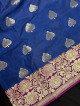 Blue with Lotus Borders Banarasi saree in pure banarasi semi katan silk with double lotus border with 7" foot-side width — Kaash Collection