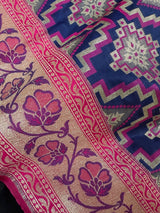 Blue Color with Pink Ikkat Design Banarasi Silk Weaved Saree with Paitani Style Borders with Meenakari - Kaash