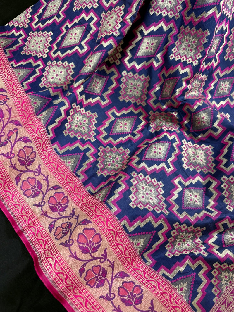 Blue Color with Pink Ikkat Design Banarasi Silk Weaved Saree with Paitani Style Borders with Meenakari - Kaash