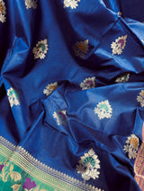 Blue with Green & Purple Banarasi saree in banarasi silk with muted gold zari with meenakari & 9" border — Kaash Collection